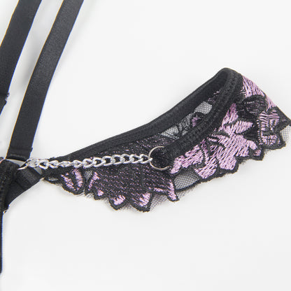 Lola - Black Dotted Swiss & Lavender Appliquéd Gartered Set